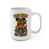 15oz white ceramic coffee mug with a cartoon dog, coffee bowl, and text Wag More Sip More by Coo Coo's Coffee