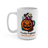 Back of Freshly Frighted pumpkin spice coffee mug with small coffee cup and spooky accent graphics.