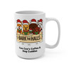 White 15 oz ceramic coffee mug with four cartoon dogs in Santa hats holding a ‘Bark the Halls’ banner and text ‘Coo Coo’s Coffee & Dog Cuddles’.