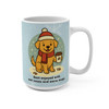 Dog Days of December holiday mug with golden puppy in hat and scarf holding a coffee cup on a snowy background.