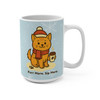 Holiday cat coffee mug with orange kitty in hat and scarf holding a coffee cup on a snowy blue background – text reads “Purr More. Sip More.”