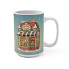 Santa’s Coffee Shop 15oz holiday mug with Coo Coo’s Coffee brick storefront and snowy night sky