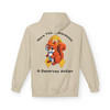 Sand hoodie back view with pixel-style squirrel graphic and text ‘More Than Awareness — It Deserves Action’