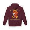 Maroon hoodie back view with pixel-style squirrel graphic and text ‘More Than Awareness — It Deserves Action