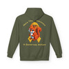 Military green hoodie back view with pixel-style squirrel graphic and text ‘More Than Awareness — It Deserves Action