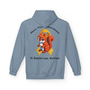 Stone blue hoodie back view with pixel-style squirrel graphic and text ‘More Than Awareness — It Deserves Action