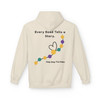 Every Bead Tells a Story – Help Stop The Poke design on back of cream hoodie with gold, teal, and purple beads.