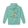 Back view of mint green “Every Bead Tells a Story” childhood cancer awareness hoodie with colorful bravery beads and “Help Stop The Poke.