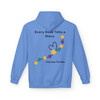 Back view of light blue “Every Bead Tells a Story” hoodie featuring bead strand, heart line art, and “Help Stop The Poke” support message.