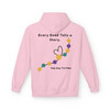 Back view of light hoodie with “Every Bead Tells a Story. Help Stop The Poke.” bravery bead heart design – childhood cancer awareness hoodie. Light Pink