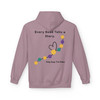 Back view of light hoodie with “Every Bead Tells a Story. Help Stop The Poke.” bravery bead heart design – childhood cancer awareness hoodie. Paragon