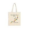Natural cotton tote bag with “Every Bead Tells a Story – Help Stop The Poke” bravery bead design, front view