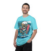 “Model wearing Jax Beach Surf Skull graphic tee in bright aqua by Coo Coo’s Coffee
