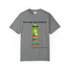 First Cup Don't Push It tee - Bert the gecko standing in sunglasses board shorts and flip flops holding coffee cup - front print on mint green ring-spun cotton by Coo Coos Coffee Florida Brew Crew