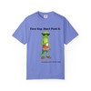 First Cup Don't Push It tee - Bert the gecko standing in sunglasses board shorts and flip flops holding coffee cup - front print on mint green ring-spun cotton by Coo Coos Coffee Florida Brew Crew