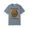 The Bark Side of the Morning tee - sleepy dog in pajamas rubbing eyes and holding coffee mug - front print on moss green ring-spun cotton by Coo Coos Coffee Florida Brew Crew
