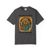 The Bark Side of the Morning tee - sleepy dog in pajamas rubbing eyes and holding coffee mug - front print on moss green ring-spun cotton by Coo Coos Coffee Florida Brew Crew