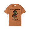 Brew or Treat Fill My Cup Halloween tee - vampire Bert the gecko in cape and sunglasses holding pumpkin bucket - front print on burnt orange ring-spun cotton by Coo Coos Coffee Florida Brew Crew