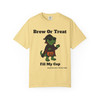 Brew or Treat Fill My Cup Halloween tee - vampire Bert the gecko in cape and sunglasses holding pumpkin bucket - front print on burnt orange ring-spun cotton by Coo Coos Coffee Florida Brew Crew