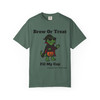 Brew or Treat Fill My Cup Halloween tee - vampire Bert the gecko in cape and sunglasses holding pumpkin bucket - front print on burnt orange ring-spun cotton by Coo Coos Coffee Florida Brew Crew