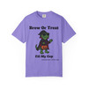 Brew or Treat Fill My Cup Halloween tee - vampire Bert the gecko in cape and sunglasses holding pumpkin bucket - front print on burnt orange ring-spun cotton by Coo Coos Coffee Florida Brew Crew