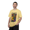Built to Brew Coffee Made Me tee - cubist portrait of Bert the gecko holding coffee in bold color-block style - front print on butter yellow ring-spun cotton by Coo Coos Coffee Florida Brew Crew