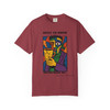Built to Brew Coffee Made Me tee - cubist portrait of Bert the gecko holding coffee in bold color-block style - front print on butter yellow ring-spun cotton by Coo Coos Coffee Florida Brew Crew