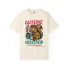 Caffeine Obsessed tee - wild-eyed squirrel clutching coffee cup with wide eyes and bushy tail - front print on white ring-spun cotton by Coo Coos Coffee Florida Brew Crew