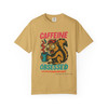 Caffeine Obsessed tee - wild-eyed squirrel clutching coffee cup with wide eyes and bushy tail - front print on white ring-spun cotton by Coo Coos Coffee Florida Brew Crew