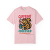Caffeine Obsessed tee - wild-eyed squirrel clutching coffee cup with wide eyes and bushy tail - front print on white ring-spun cotton by Coo Coos Coffee Florida Brew Crew