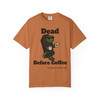 Dead Before Coffee Halloween tee - Bert the gecko climbing out of coffin holding coffee mug - front print on burnt orange ring-spun cotton by Coo Coos Coffee Florida Brew Crew