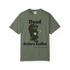 Dead Before Coffee Halloween tee - Bert the gecko climbing out of coffin holding coffee mug - front print on burnt orange ring-spun cotton by Coo Coos Coffee Florida Brew Crew