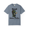 Dead Before Coffee Halloween tee - Bert the gecko climbing out of coffin holding coffee mug - front print on burnt orange ring-spun cotton by Coo Coos Coffee Florida Brew Crew