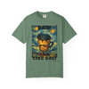 Drip Like Dali tee - surreal melting coffee cup dripping against Starry Night style swirling sky - front print on moss green ring-spun cotton by Coo Coos Coffee Florida Brew Crew