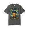 Drip Like Dali tee - surreal melting coffee cup dripping against Starry Night style swirling sky - front print on moss green ring-spun cotton by Coo Coos Coffee Florida Brew Crew