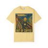 Out of Coffee tee - The Scream painting reimagined with figure holding empty coffee cup and Out of Coffee text - front print on grey ring-spun cotton by Coo Coos Coffee Florida Brew Crew