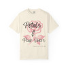 Petals and Pour Overs tee - pink rose with flowing script typography on cream ring-spun cotton by Coo Coos Coffee Florida Brew Crew