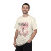 Petals and Pour Overs tee - pink rose with flowing script typography on cream ring-spun cotton by Coo Coos Coffee Florida Brew Crew