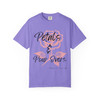 Petals and Pour Overs tee - pink rose with flowing script typography on cream ring-spun cotton by Coo Coos Coffee Florida Brew Crew