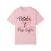 Petals and Pour Overs tee - pink rose with flowing script typography on cream ring-spun cotton by Coo Coos Coffee Florida Brew Crew