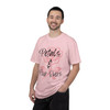 Petals and Pour Overs tee - pink rose with flowing script typography on cream ring-spun cotton by Coo Coos Coffee Florida Brew Crew