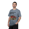 Runs on V-60 Not V-8 tee - red muscle car with pour-over coffee cone under hood doing burnout with coffee beans - front print on gold ring-spun cotton by Coo Coos Coffee Florida Brew Crew