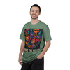 Wake the Art Up tee - vibrant street art style abstract faces and coffee cups in neon colors on moss green ring-spun cotton by Coo Coos Coffee Florida Brew Crew