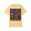 Wake the Art Up tee - vibrant street art style abstract faces and coffee cups in neon colors on moss green ring-spun cotton by Coo Coos Coffee Florida Brew Crew