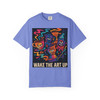 Wake the Art Up tee - vibrant street art style abstract faces and coffee cups in neon colors on moss green ring-spun cotton by Coo Coos Coffee Florida Brew Crew