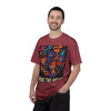 Wake the Art Up tee - vibrant street art style abstract faces and coffee cups in neon colors on moss green ring-spun cotton by Coo Coos Coffee Florida Brew Crew