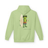 Bert Surfboard and Coffee hoodie - Bert the gecko standing with surfboard and coffee cup in sunglasses flip flops and board shorts - back print on pistachio fleece pullover by Coo Coos Coffee Florida Brew Crew