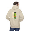 Bert Surfboard and Coffee hoodie - Bert the gecko standing with surfboard and coffee cup in sunglasses flip flops and board shorts - back print on pistachio fleece pullover by Coo Coos Coffee Florida Brew Crew