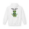 Breathe In Sip Out hoodie - Zen Bert the gecko in lotus meditation pose wearing sunglasses and Coo Coos Coffee tee - back print on pistachio fleece pullover by Coo Coos Coffee Florida Brew Crew