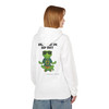 Breathe In Sip Out hoodie - Zen Bert the gecko in lotus meditation pose wearing sunglasses and Coo Coos Coffee tee - back print on pistachio fleece pullover by Coo Coos Coffee Florida Brew Crew